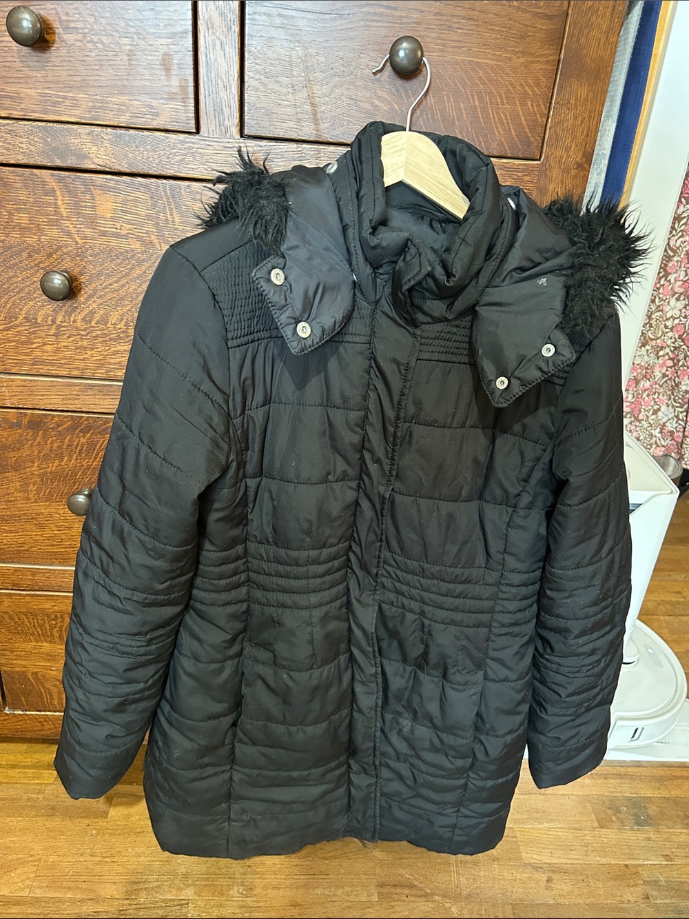 Thyme Maternity Black Quilted Puffer Coat with Faux Fur Trim